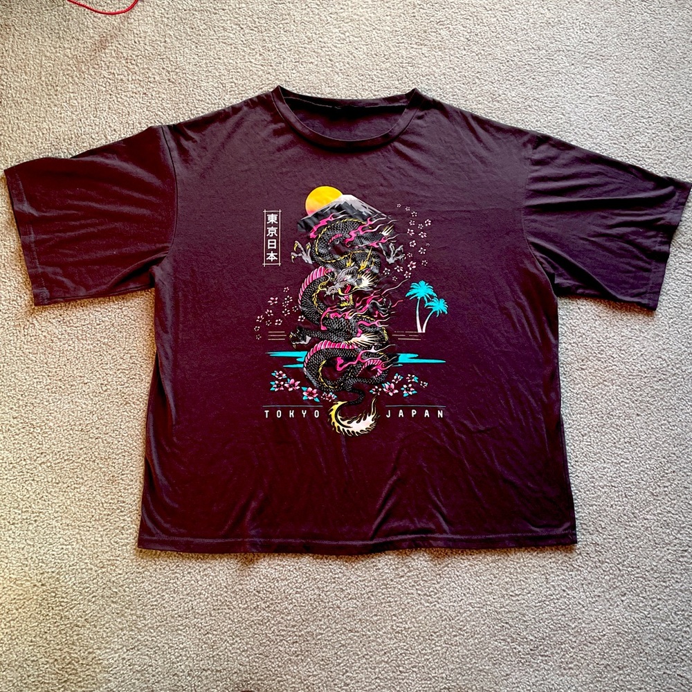 Never worn Dragon in front of Mt Fuji T shirt. Colorful design printed on black